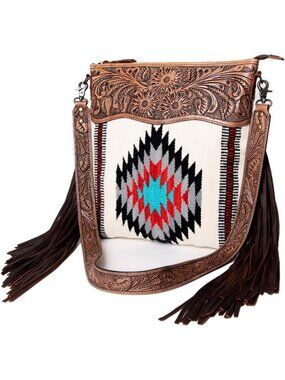 Handcrafted Floral Crossbody Bag | Carved Leather & Woven Saddle Blanket